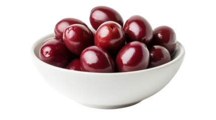 Red Olives in White Bowl isolated on a transparent background