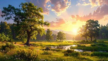 Fototapeta premium A picturesque meadow bathed in the warm glow of a vibrant sunset, featuring lush greenery, towering trees, and a tranquil stream winding through the landscape.