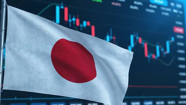 Japan Flag Waving with Stock Market Chart in Background, Economic Growth and Investment Concept.