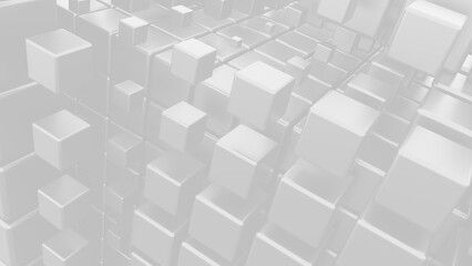 Dynamic arrangement of white cubes showcases an exciting visual landscape. Each cube varies in size, creating a captivating and modern digital art experience that draws the viewer in.