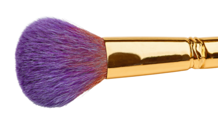 Gold handle makeup brush with purple bristle showing smooth cosmetic tool for beauty application and stylish accessory isolated on white background
