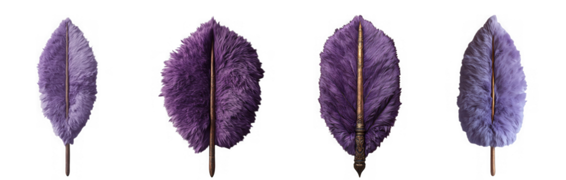 Set of four purple leaves isolated on transparent background, showcasing unique textures and patterns for botanical illustrations and design elements