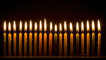 Many lit candles in various colors against dark backdrop