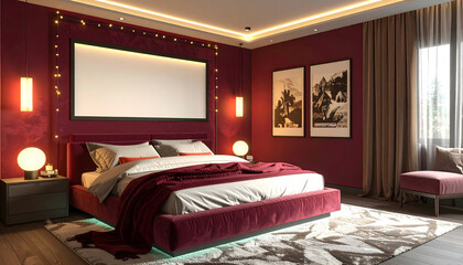 Stylish modern interiors in deep burgundy tones with velvet accents, marble details, and warm ambient lighting. Cozy and elegant spaces