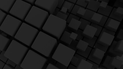 Dynamic arrangement of blackcubes showcases an exciting visual landscape. Each cube varies in size, creating a captivating and modern digital art experience that draws the viewer in.