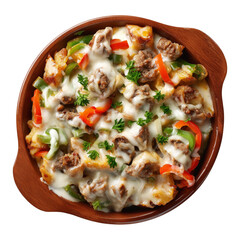 Cheesy baked beef and vegetable casserole with broccoli and bell peppers in ceramic dish, top view, isolated on white transparent background, concept of American traditional dishes