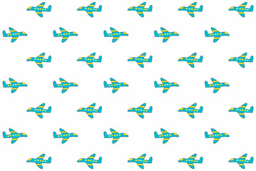Seamless pattern with cartoon airplanes isolated on white background. Fun blue and yellow plane illustration suitable for travel theme, kids design, textile, wrapping paper, and graphic backgrounds.