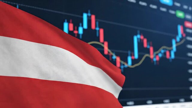 Latvian Flag Waving in Front of Stock Market Trading Chart Analysis.