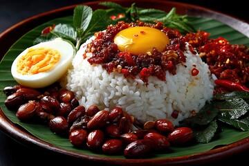 Spicy Rice Dish with Soft Boiled Egg and Peanuts