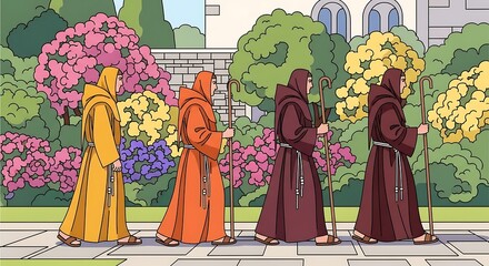 Monks Walking in Garden. (8)