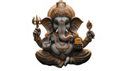 A detailed statue of lord ganesha, isolated on transparent background, the hindu god of wisdom, success, and prosperity, perfect for religious and cultural themes