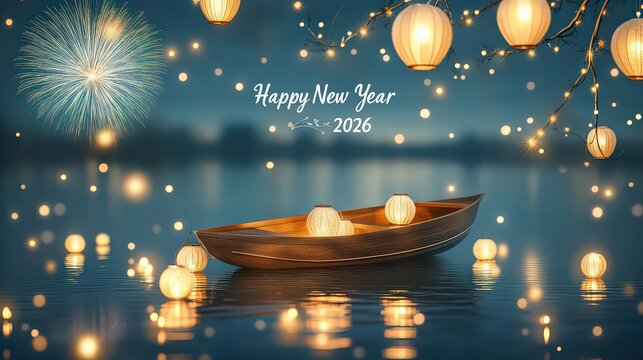 A boat floats on a lake with lanterns and fireworks for happy new year 2026 celebration