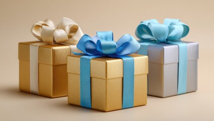 Three gift boxes, gold, silver, and beige, with light teal ribbons