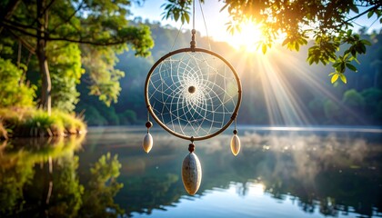 Dreamcatcher Hanging Over Lake with Sunlight and Nature Reflection
