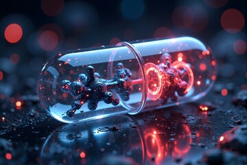 A glowing red capsule with intricate structures inside, illuminated by blue and red lights.