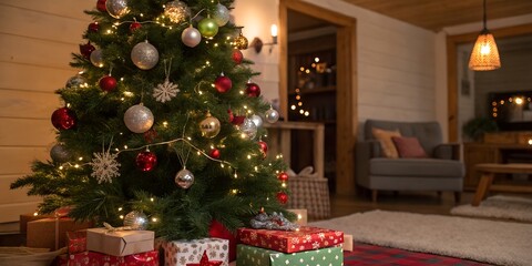 Christmas tree with ornaments and gifts in a cozy living room interior