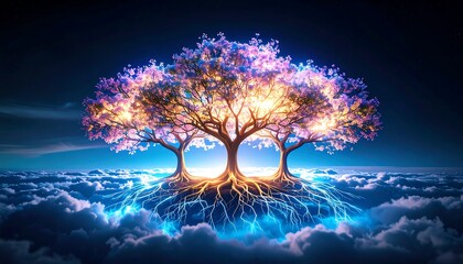 Dreamlike Tree with Glowing Leaves Above the Clouds at Night