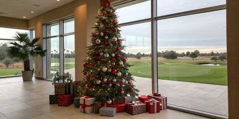 Christmas tree with presents inside a building overlooking a golf course
