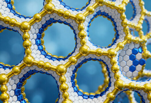 Golden and blue geometric structure, circular patterns, detailed texture. - Powered by Adobe