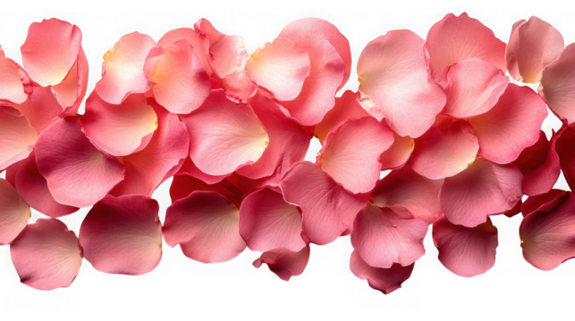 A delicate arrangement of pink rose petals isolated on transparent background, creating a soft and romantic floral border with their gentle hues