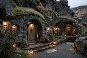 Stone House Dwellings at Twilight with Lit Entrances