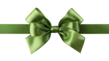 Elegant green ribbon and decorative bow with shiny satin texture creating festive wrapping accessory for celebration gift isolated on white background
