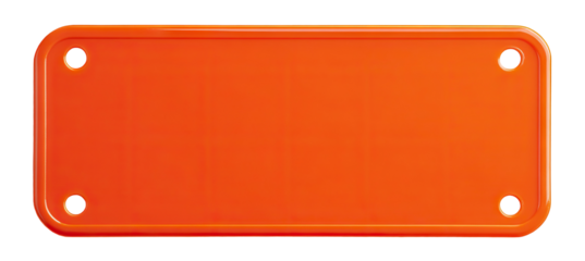 Orange nameplate with four mounting holes, isolated on transparent cutout background