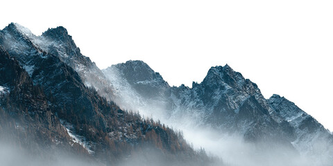 Misty mountain landscape with dense pine forest and snowy peaks, isolated on transparent cutout background