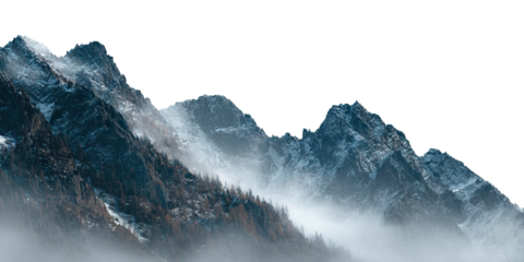 Misty mountain landscape with dense pine forest and snowy peaks, isolated on transparent cutout background