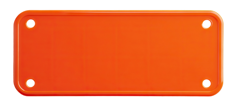 Orange nameplate with four mounting holes, isolated on transparent cutout background