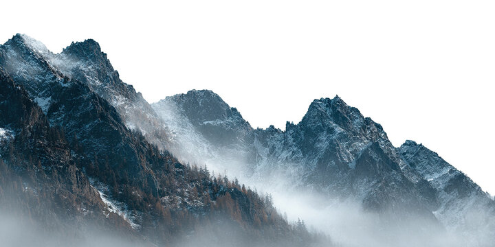 Misty mountain landscape with dense pine forest and snowy peaks, isolated on transparent cutout background