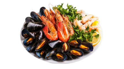 Seafood platter with mussels and shrimp isolated on a transparent background