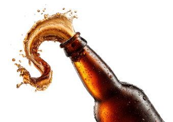 Dynamic beer splash from open bottle, isolated on transparent cutout background