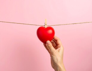 A hand gently holds a red heart hanging from twine against a pink backdrop