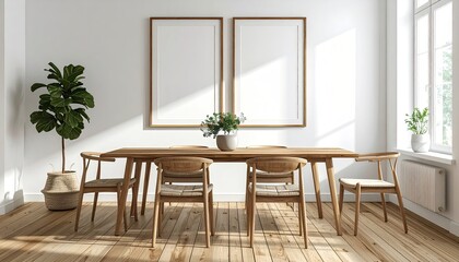 Fototapeta premium Bright, minimalist dining room with wooden furniture