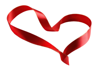 Elegant red ribbon twisted into a romantic heart symbol, isolated on transparent cutout background