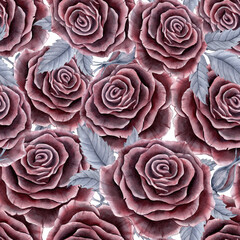 Seamless pattern with red roses and grey leaves on a white background. Watercolor illustration for fabric, wrapping paper, cover.
