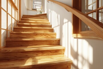 Sunlit Wooden Staircase In A Modern Interior
