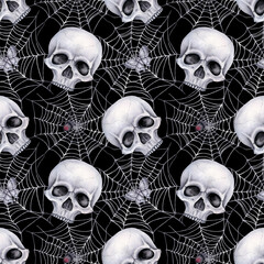 Seamless background with skulls and cobwebs in gray tones on a black. Watercolor illustration for fabric, wrapping paper, cover.