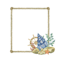 A marine rope frame decorated with a composition with a shell, seaweed and a ship's rudder. Watercolor illustration.