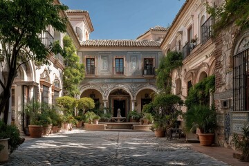Fototapeta premium Sunlit Spanish Courtyard with Blue Tiled Building