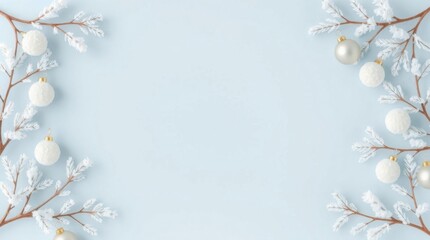 A Delicate Frame of Cotton Blossoms and Ornaments: A Soft Winter Composition in White and Gold Against a Serene Blue Canvas
