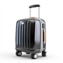 A cute 3D black cartoon suitcase, crafted in a glossy plastic style against a clean white backdrop. Fun and whimsical