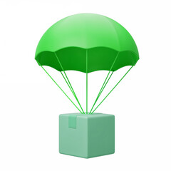 Delivering Surprise: A vibrant green box gracefully descends from the sky, suspended by a meticulously crafted parachute, delivering a sense of anticipation and promise.