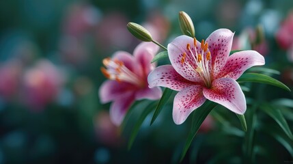 Closeup of Pink Lily with Green Leaves and Water Droplets in Soft Focus