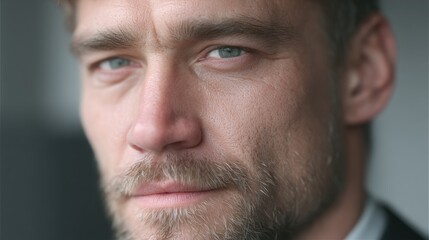Obraz premium Close Up Portrait Of Man In Dark Suit With Cinematic Lighting And Blurred Background Showing Visual Defect on Face