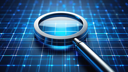 Futuristic blue digital grid glowing with data nodes, symbolizing high-tech searching, networking, and advanced information systems.