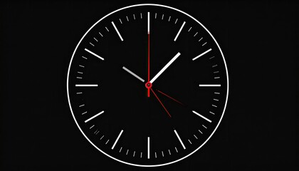 Black clock face with white markers and red hands