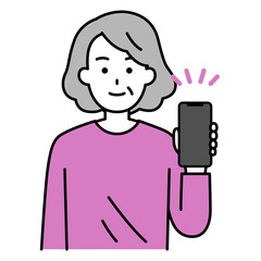 スマートフォンを手に持って見せる年配の女性