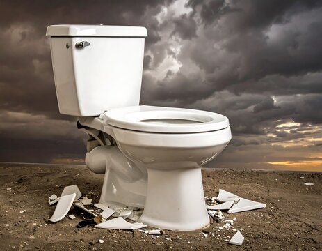 A broken toilet sits on a beach under a stormy sky
